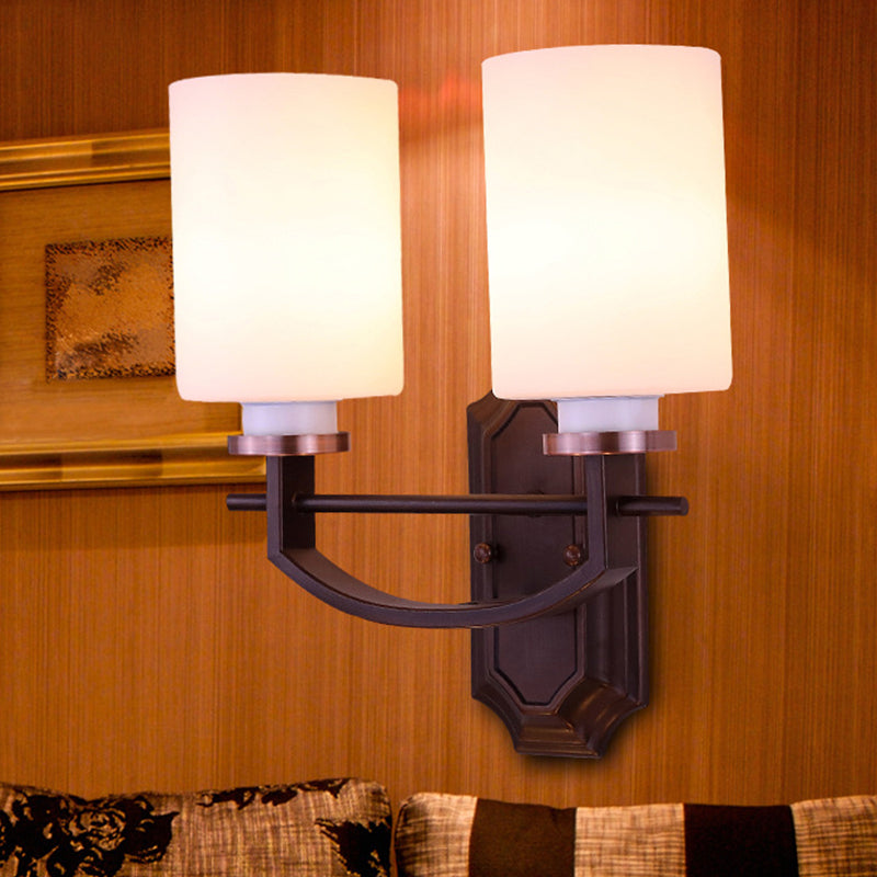 Skørter | Milky Glass Cylinder Wall Lamp Antique 1/2-Cap Living Room Wall Lighting Fixture in Black