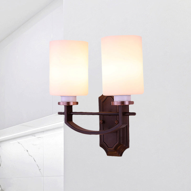 Skørter | Milky Glass Cylinder Wall Lamp Antique 1/2-Cap Living Room Wall Lighting Fixture in Black