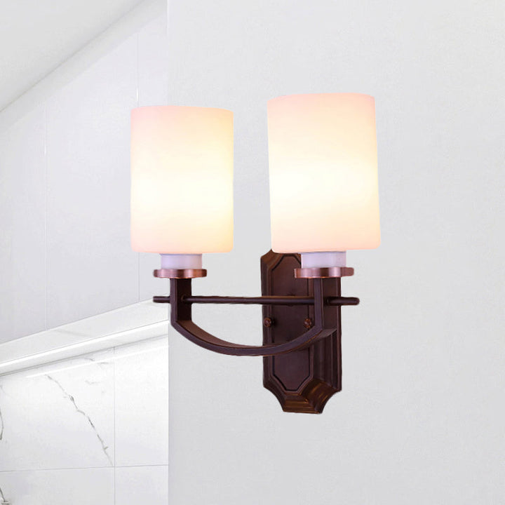 Skørter | Milky Glass Cylinder Wall Lamp Antique 1/2-Cap Living Room Wall Lighting Fixture in Black