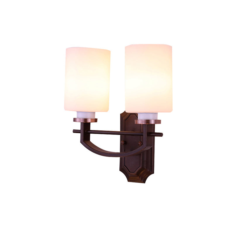 Skørter | Milky Glass Cylinder Wall Lamp Antique 1/2-Cap Living Room Wall Lighting Fixture in Black