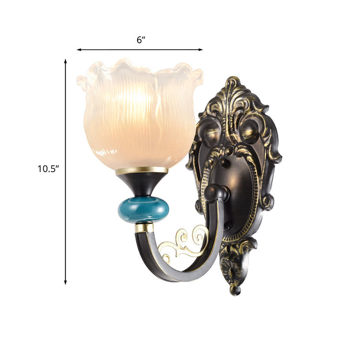 Skørter | Floral Bedroom Wall Light Lamp Retro Matte Glass 1/2-Light Bronze Wall Light with Metal Curved Arm