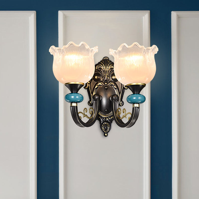 Skørter | Floral Bedroom Wall Light Lamp Retro Matte Glass 1/2-Light Bronze Wall Light with Metal Curved Arm