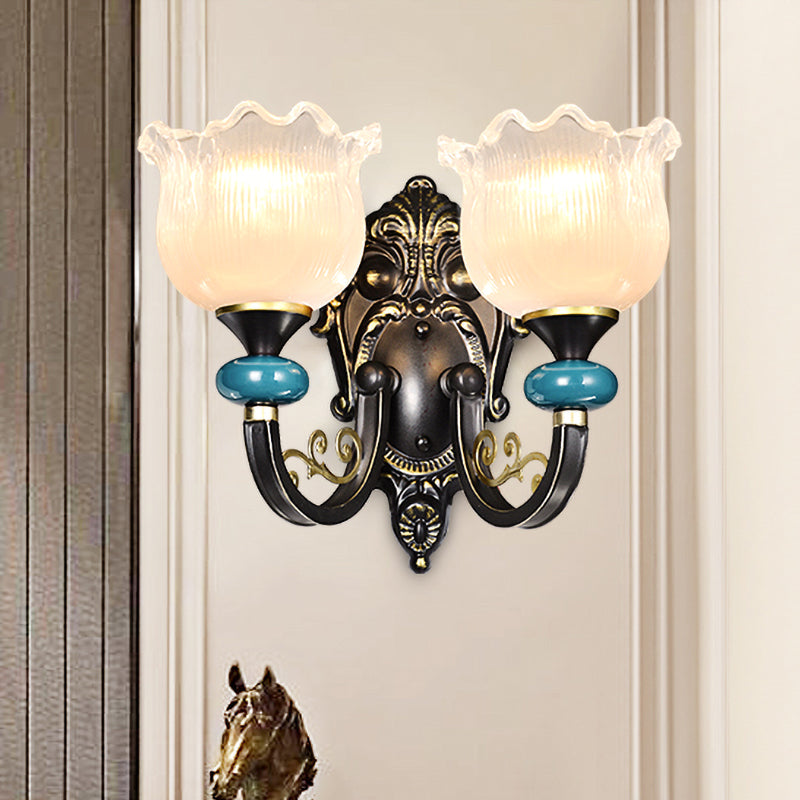 Skørter | Floral Bedroom Wall Light Lamp Retro Matte Glass 1/2-Light Bronze Wall Light with Metal Curved Arm