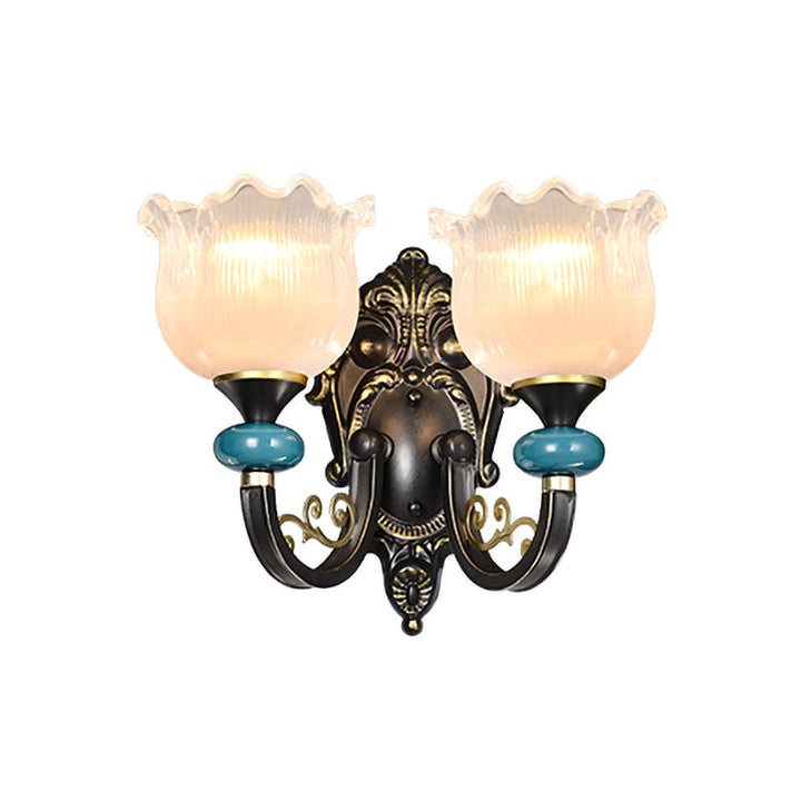 Skørter | Floral Bedroom Wall Light Lamp Retro Matte Glass 1/2-Light Bronze Wall Light with Metal Curved Arm