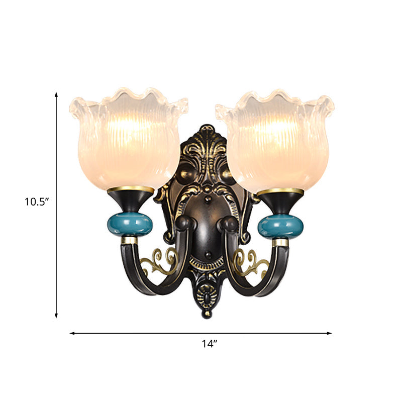Skørter | Floral Bedroom Wall Light Lamp Retro Matte Glass 1/2-Light Bronze Wall Light with Metal Curved Arm