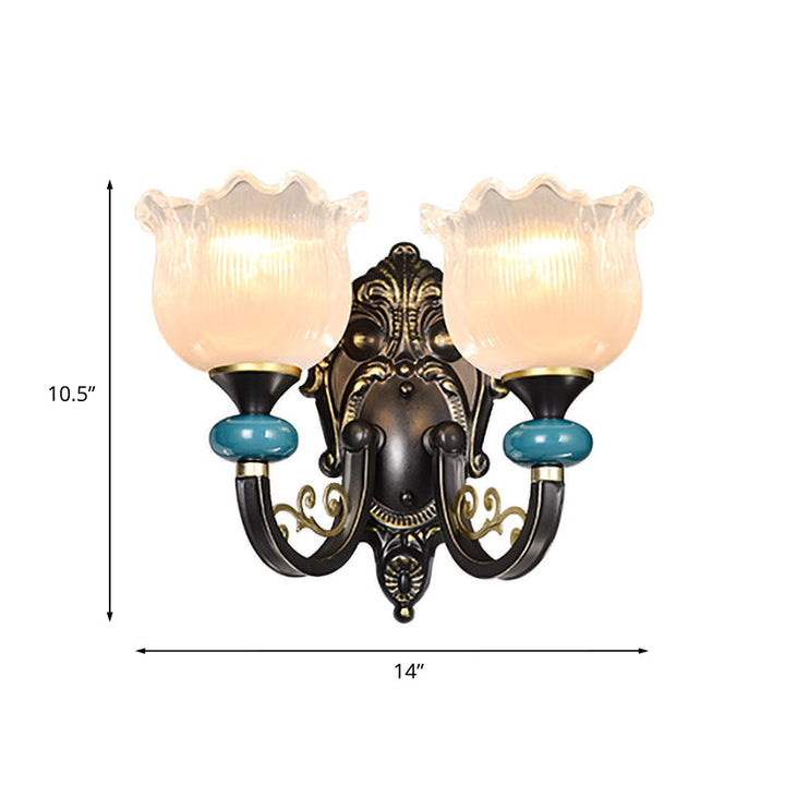 Skørter | Floral Bedroom Wall Light Lamp Retro Matte Glass 1/2-Light Bronze Wall Light with Metal Curved Arm