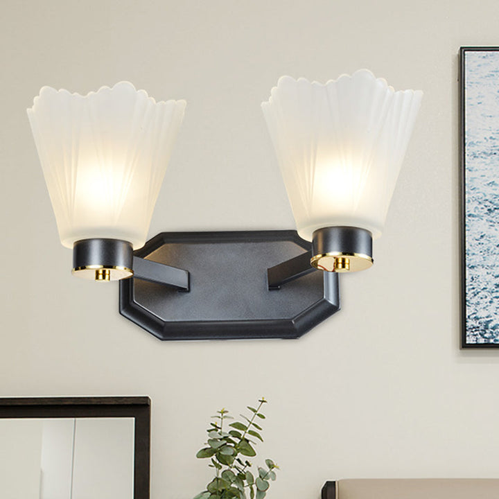 Skørter | Tapered Milk Glass Wall Lighting Retro 1/2 Bulbs Living Room Wall Lamp in Black with Metal Straight Arm
