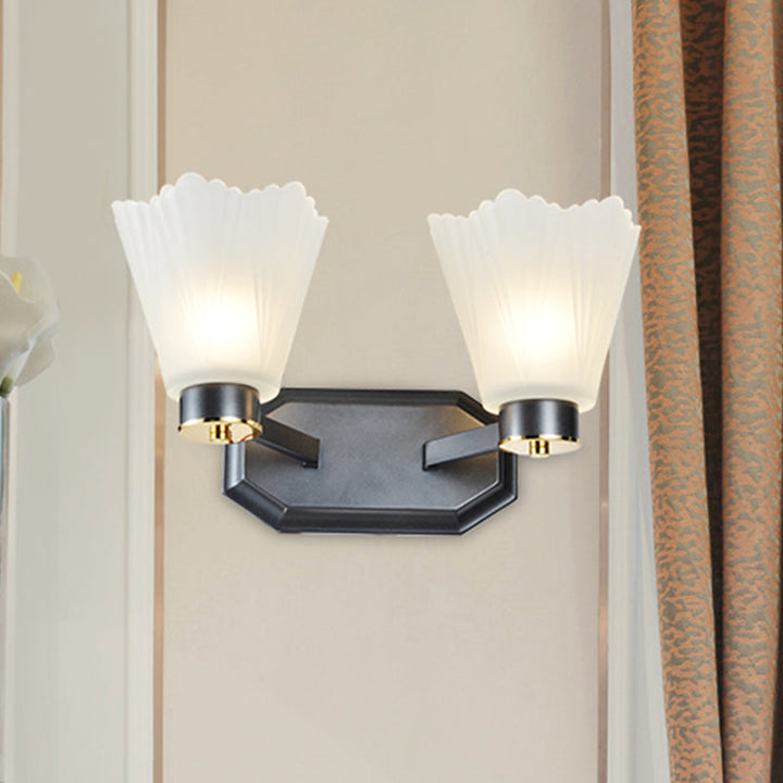 Skørter | Tapered Milk Glass Wall Lighting Retro 1/2 Bulbs Living Room Wall Lamp in Black with Metal Straight Arm