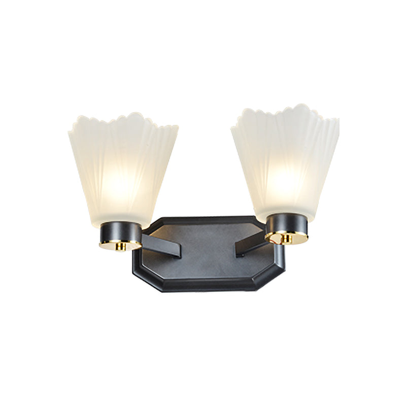 Skørter | Tapered Milk Glass Wall Lighting Retro 1/2 Bulbs Living Room Wall Lamp in Black with Metal Straight Arm