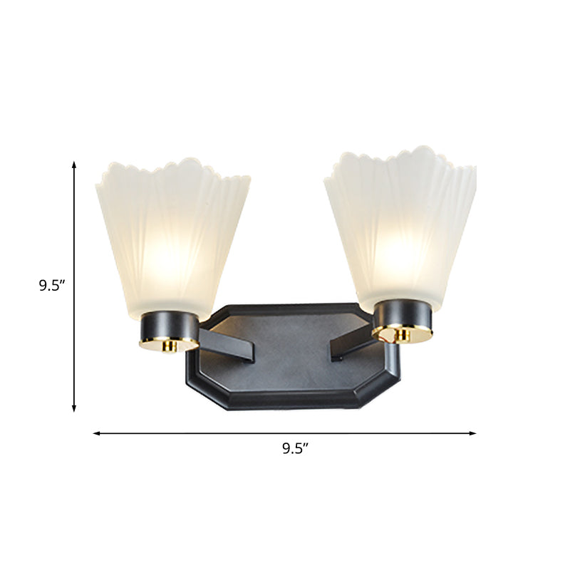 Skørter | Tapered Milk Glass Wall Lighting Retro 1/2 Bulbs Living Room Wall Lamp in Black with Metal Straight Arm