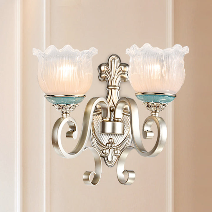 Skørter | Silver 1/2-Head Wall Lighting Traditional Cream Glass Blossom Wall Lamp with Scalloped Arm