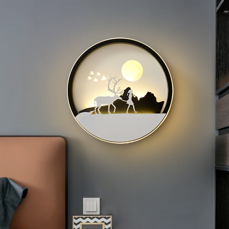 Skørter | Metal Round Wall Lighting Idea Modernistic LED Black Wall Lamp Wall Mount with Deer and Girl/Eagle/Windmill Design