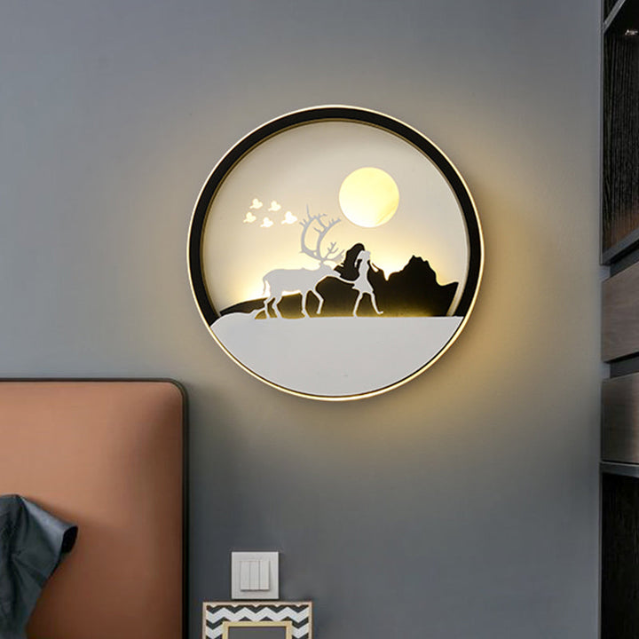 Skørter | Metal Round Wall Lighting Idea Modernistic LED Black Wall Lamp Wall Mount with Deer and Girl/Eagle/Windmill Design