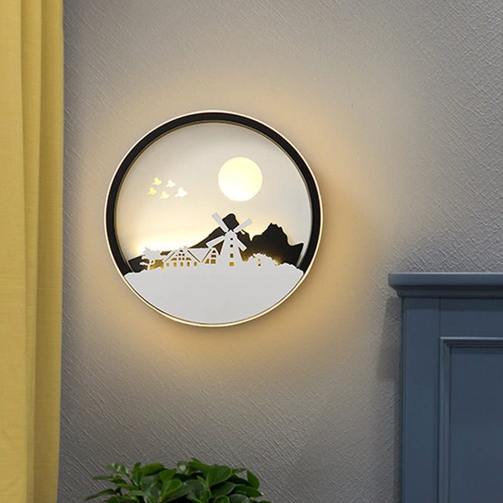 Skørter | Metal Round Wall Lighting Idea Modernistic LED Black Wall Lamp Wall Mount with Deer and Girl/Eagle/Windmill Design
