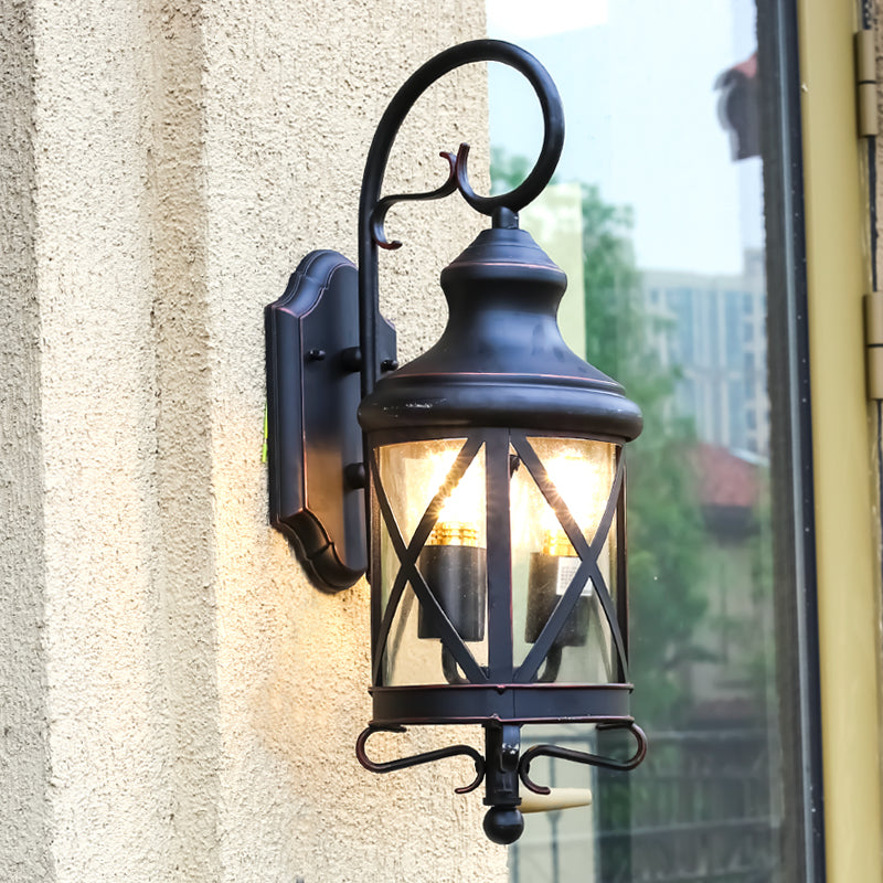 Skørter | Iron Black Wall Lighting Device Lantern 2 Bulbs Rustic Wall Light with Clear Glass Shade