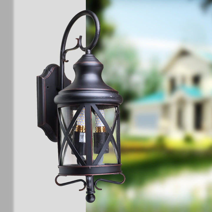 Skørter | Iron Black Wall Lighting Device Lantern 2 Bulbs Rustic Wall Light with Clear Glass Shade