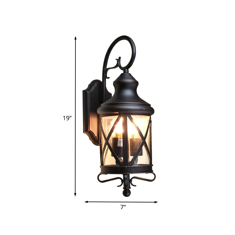 Skørter | Iron Black Wall Lighting Device Lantern 2 Bulbs Rustic Wall Light with Clear Glass Shade