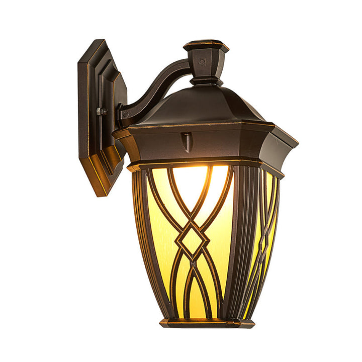 Skørter | Curved Arm Frosted Glass Wall Lamp Rustic 1 Bulb Outdoor Lighting Fixture in Coffee