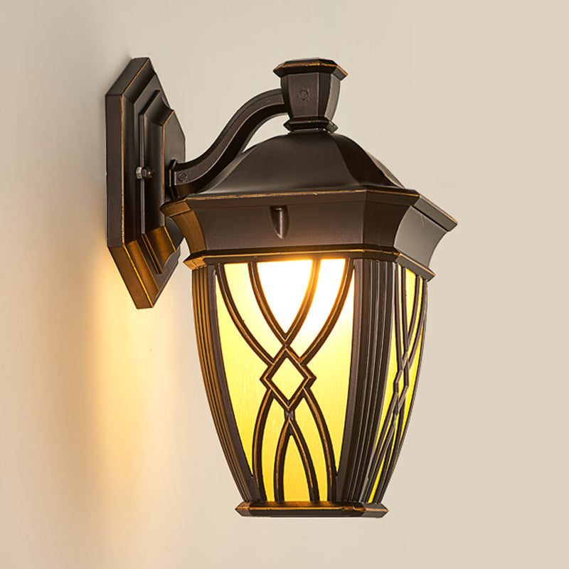 Skørter | Curved Arm Frosted Glass Wall Lamp Rustic 1 Bulb Outdoor Lighting Fixture in Coffee