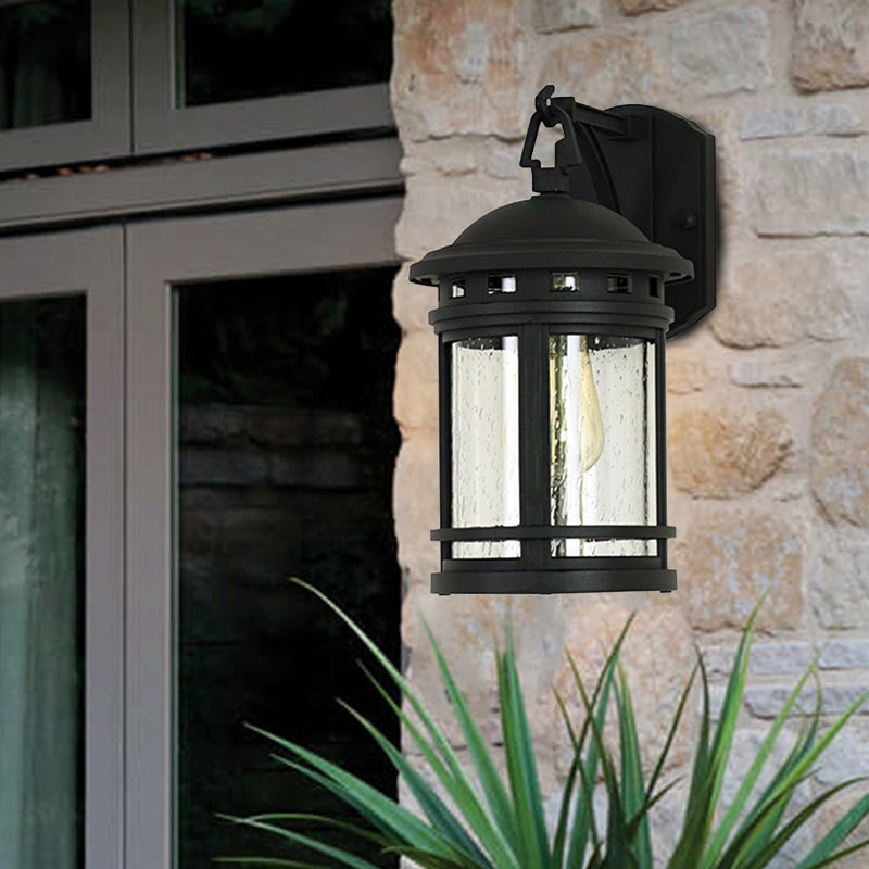 Skørter | Clear Seeded Glass Lantern Wall Light Rustic 1 Light Outdoor Lighting with Metal Frame in Coffee/Black