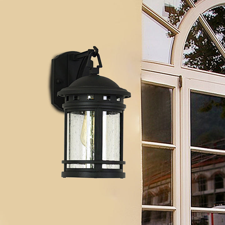 Skørter | Clear Seeded Glass Lantern Wall Light Rustic 1 Light Outdoor Lighting with Metal Frame in Coffee/Black