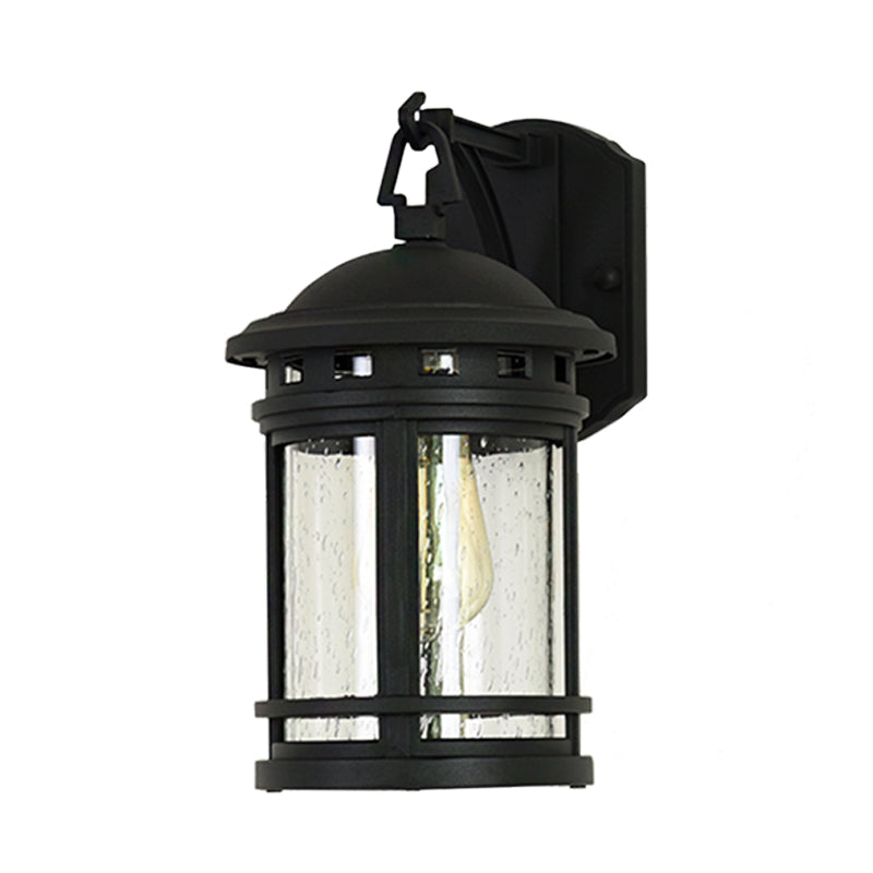 Skørter | Clear Seeded Glass Lantern Wall Light Rustic 1 Light Outdoor Lighting with Metal Frame in Coffee/Black