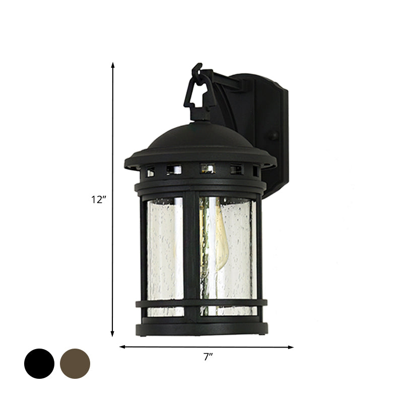 Skørter | Clear Seeded Glass Lantern Wall Light Rustic 1 Light Outdoor Lighting with Metal Frame in Coffee/Black