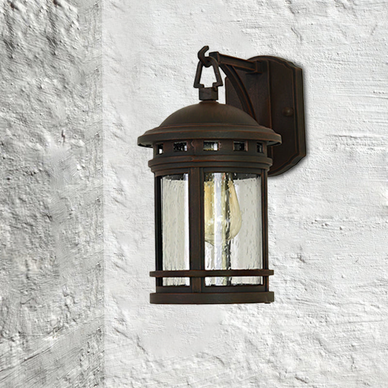 Skørter | Clear Seeded Glass Lantern Wall Light Rustic 1 Light Outdoor Lighting with Metal Frame in Coffee/Black