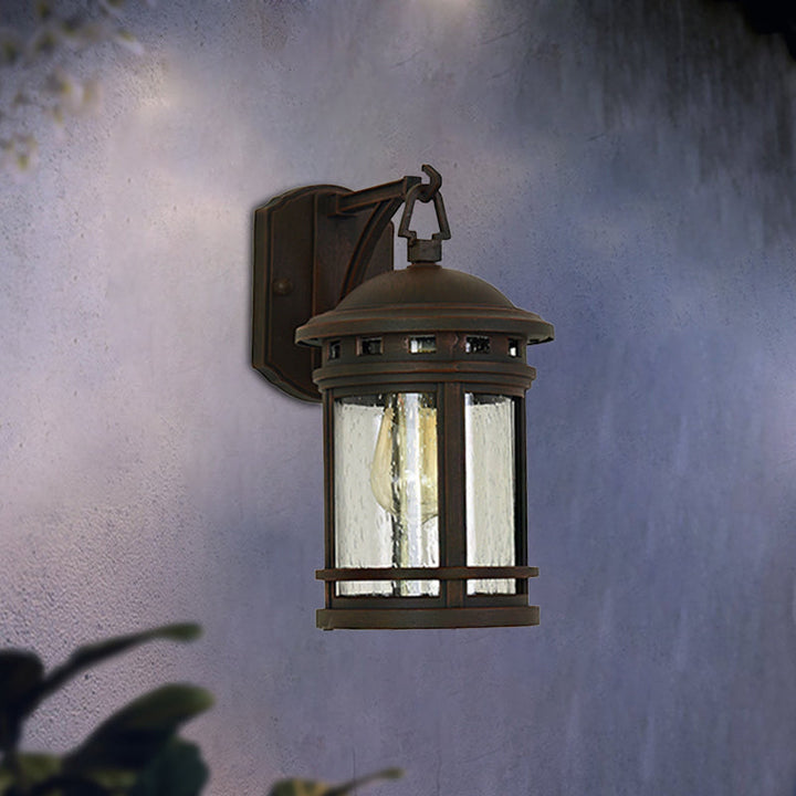 Skørter | Clear Seeded Glass Lantern Wall Light Rustic 1 Light Outdoor Lighting with Metal Frame in Coffee/Black
