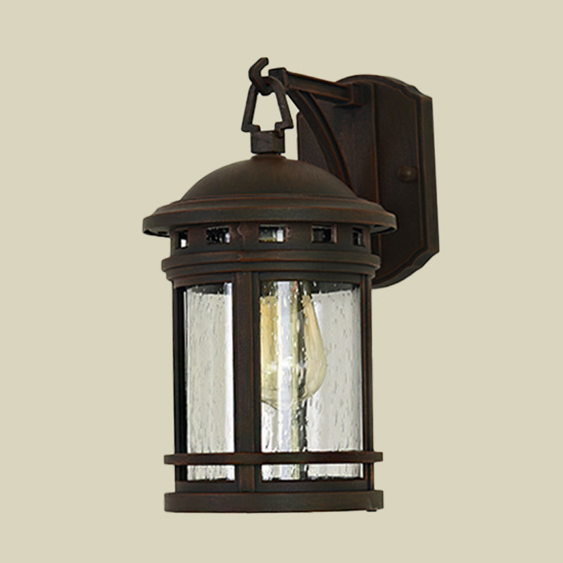 Skørter | Clear Seeded Glass Lantern Wall Light Rustic 1 Light Outdoor Lighting with Metal Frame in Coffee/Black