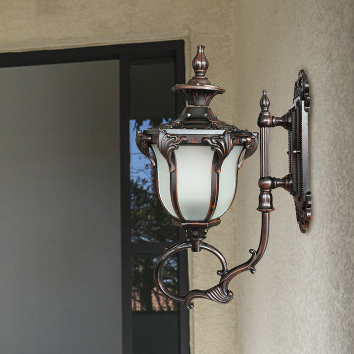 Skørter | Scrolling Am Metal Wall Lamp Rustic 1 Bulb Outdoor Wall Light with Opal Glass Shade in Brass/Coffee