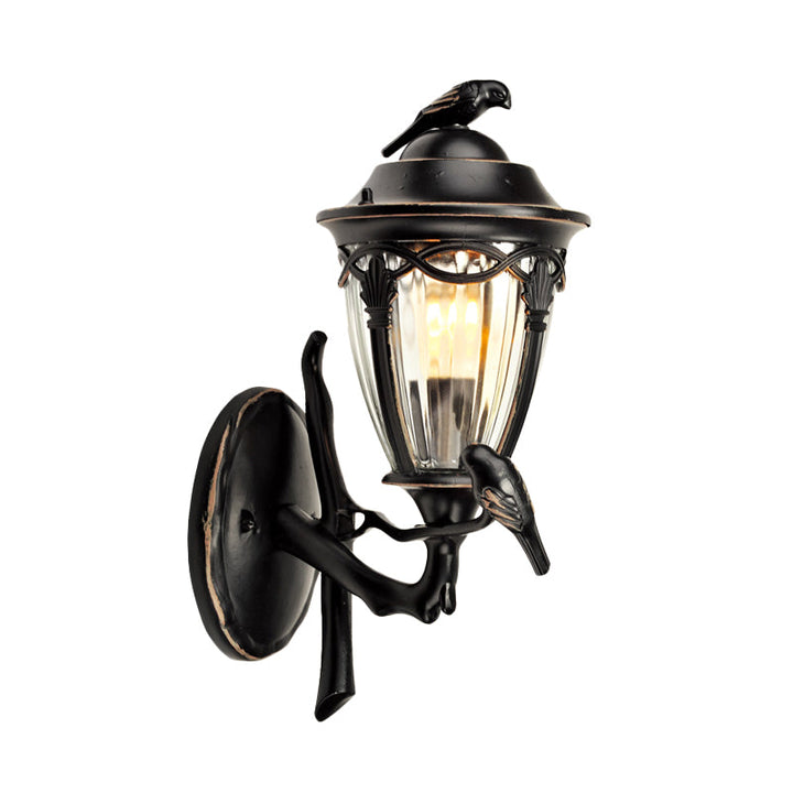Skørter | Clear glass urn wall lamp Countryside 1 light Patio wall lighting in black with bird decor