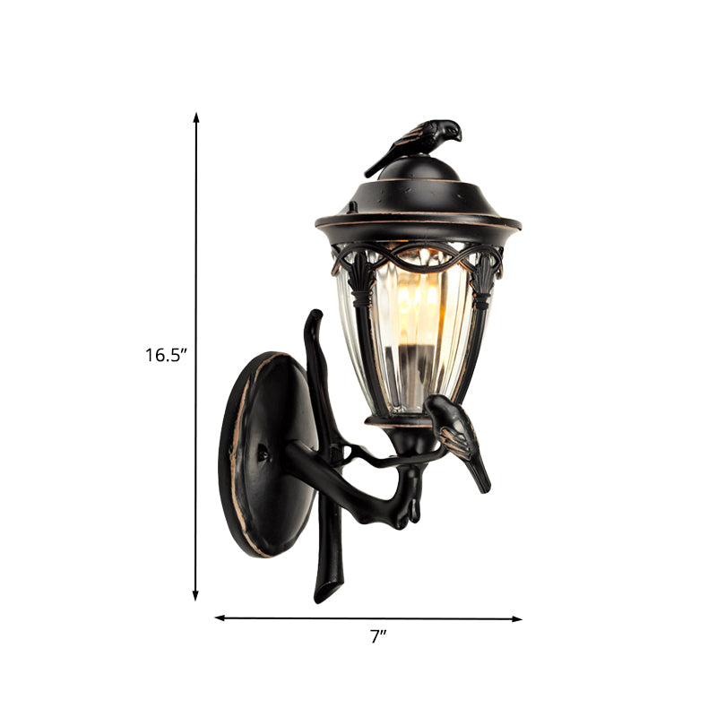 Skørter | Clear glass urn wall lamp Countryside 1 light Patio wall lighting in black with bird decor