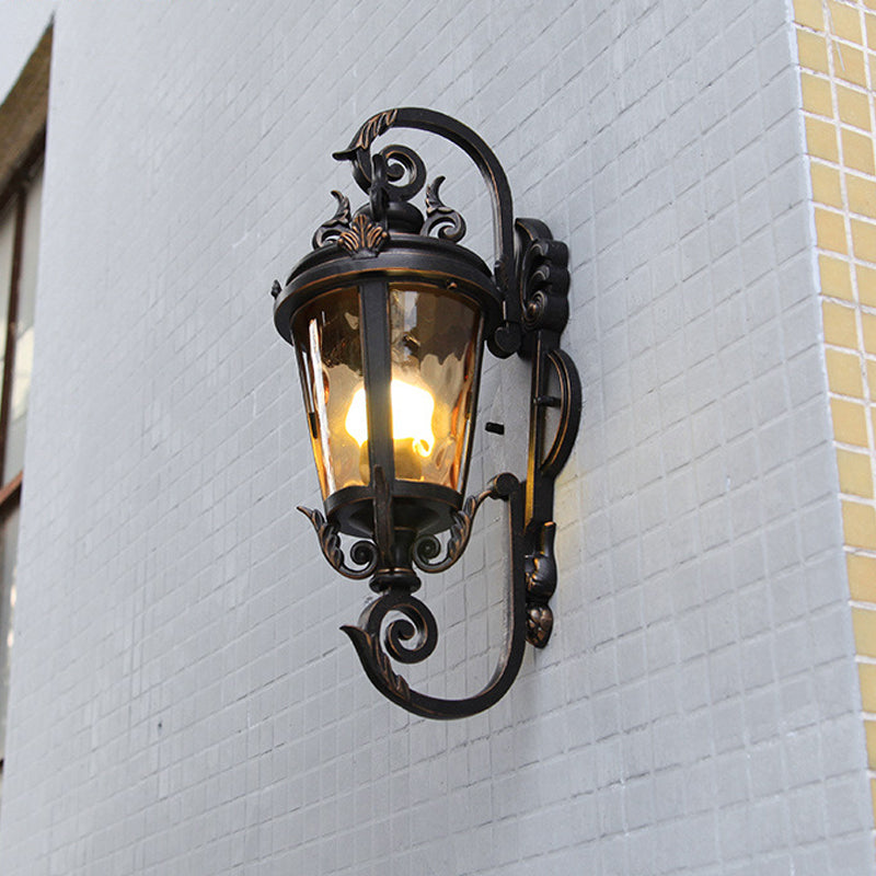 Skørter | 1-Main Wall Lamp Cottage Patio Wall Lamp with Lantern Amber Dimple Glass Shade in Black