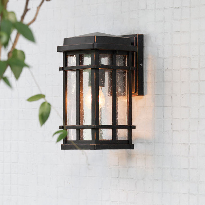Skørter | Black 1 Bulb Wall Light Fixture Farmhouse Clear Seeded Glass Rectangle Wall Lamp with Metal Frame