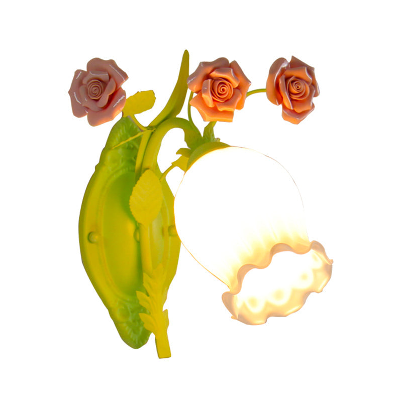 Skørter | Bloom Bedroom Wall-Mounted Light Retro Frosted Glass 1 Bulb Green Sconces Light with Flower Decor