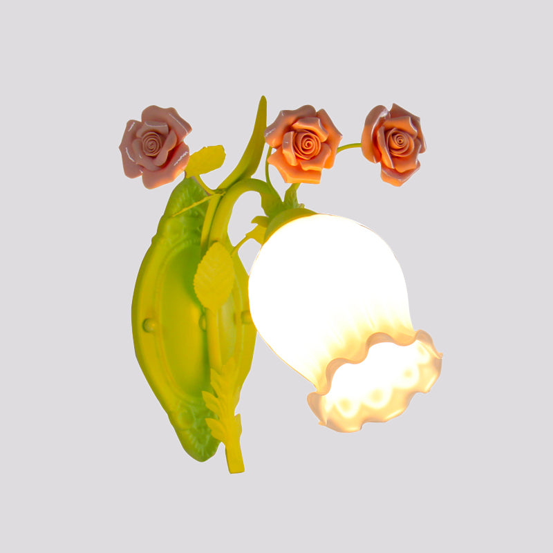 Skørter | Bloom Bedroom Wall-Mounted Light Retro Frosted Glass 1 Bulb Green Sconces Light with Flower Decor