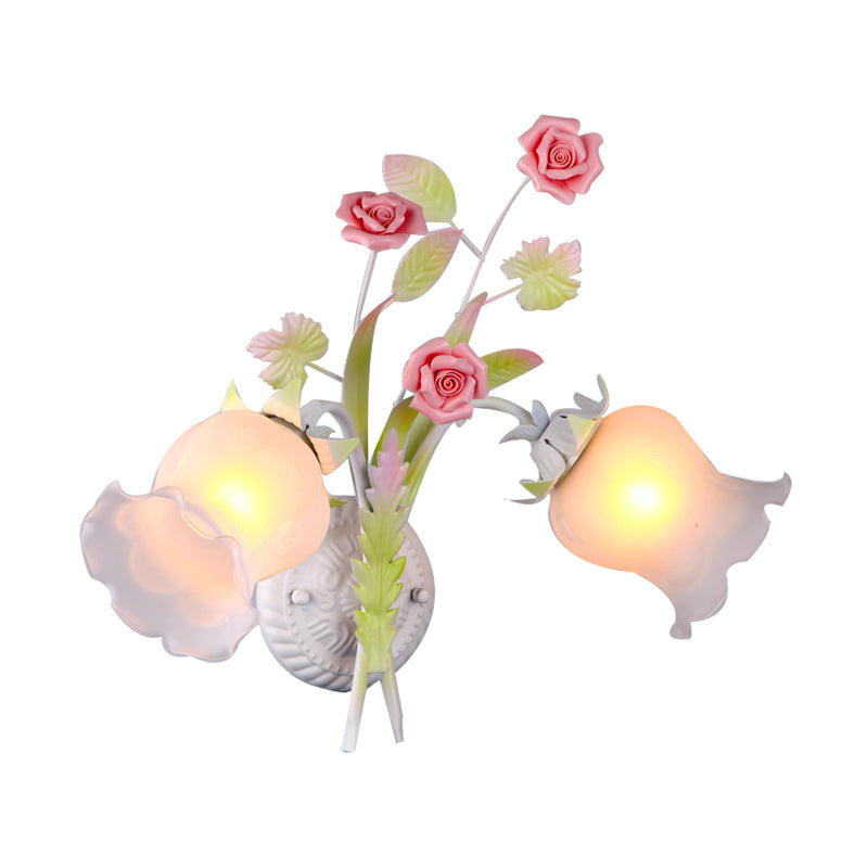 Skørter | Floral Wall Lamp Country 2 Lights Opal Glass Wall Lamp Fixture with Flower Deco in Green/White/Pink