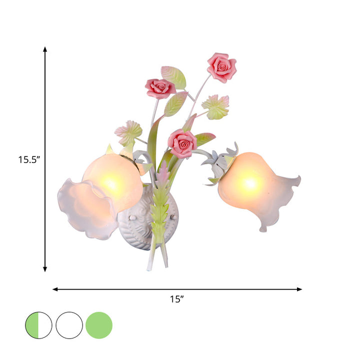 Skørter | Floral Wall Lamp Country 2 Lights Opal Glass Wall Lamp Fixture with Flower Deco in Green/White/Pink