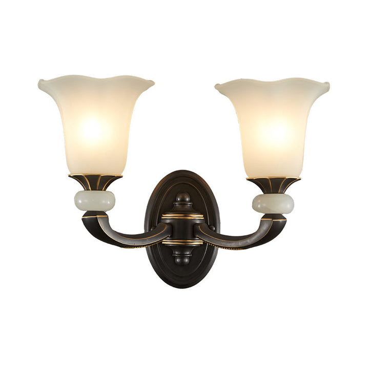 Skørter | Antiqued Flower Up Wall Lamp 1/2-Light Frosted Glass Wall-Mounted Lamp in Black and Gold