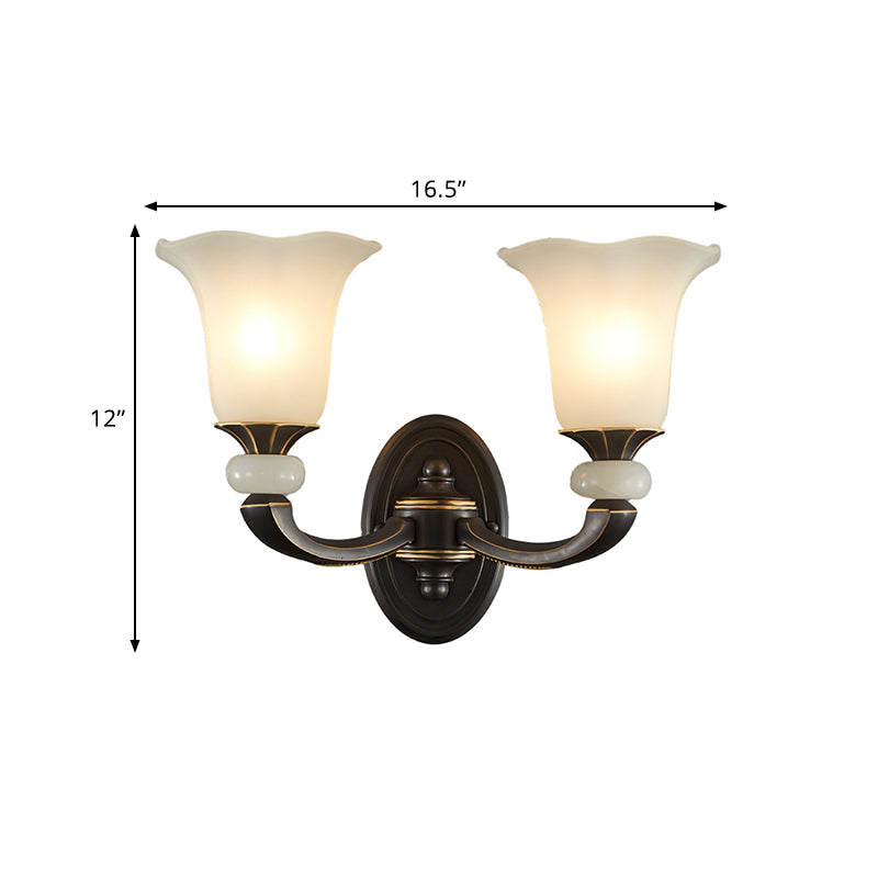 Skørter | Antiqued Flower Up Wall Lamp 1/2-Light Frosted Glass Wall-Mounted Lamp in Black and Gold