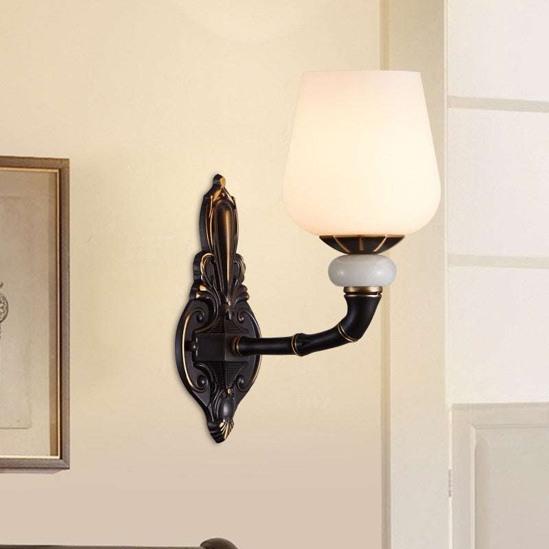 Skørter | Black and Gold Cup-shaped Wall Lighting Traditional Opal Glass 1/2-Head Indoor Wall Lamp