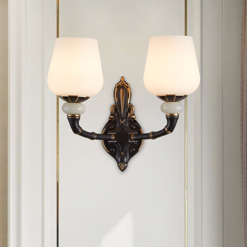 Skørter | Black and Gold Cup-shaped Wall Lighting Traditional Opal Glass 1/2-Head Indoor Wall Lamp