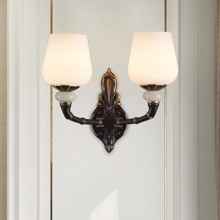 Skørter | Black and Gold Cup-shaped Wall Lighting Traditional Opal Glass 1/2-Head Indoor Wall Lamp
