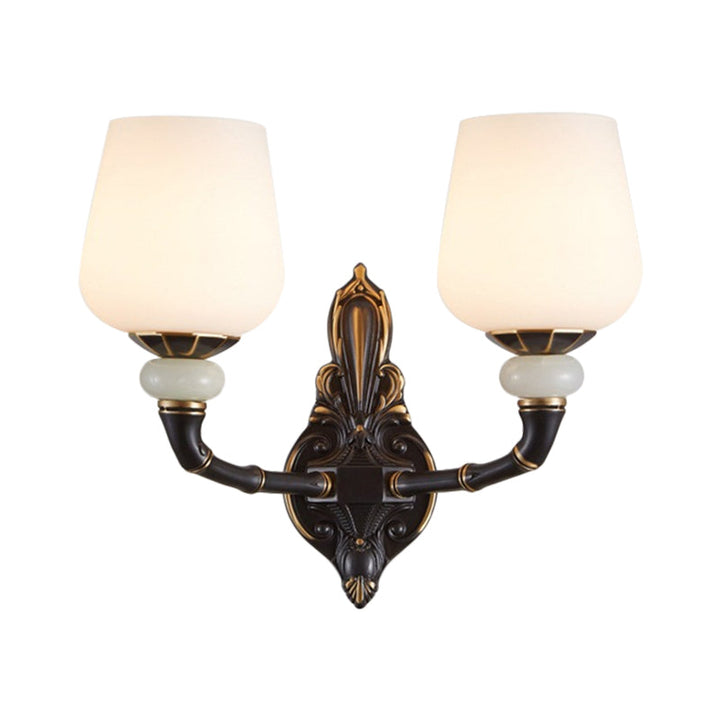 Skørter | Black and Gold Cup-shaped Wall Lighting Traditional Opal Glass 1/2-Head Indoor Wall Lamp