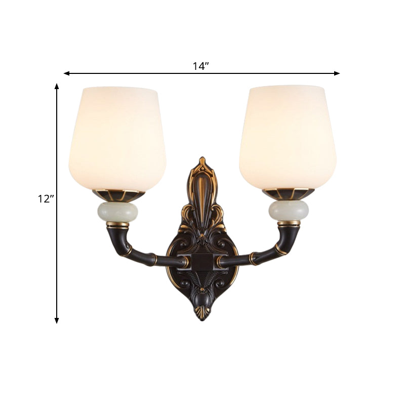 Skørter | Black and Gold Cup-shaped Wall Lighting Traditional Opal Glass 1/2-Head Indoor Wall Lamp