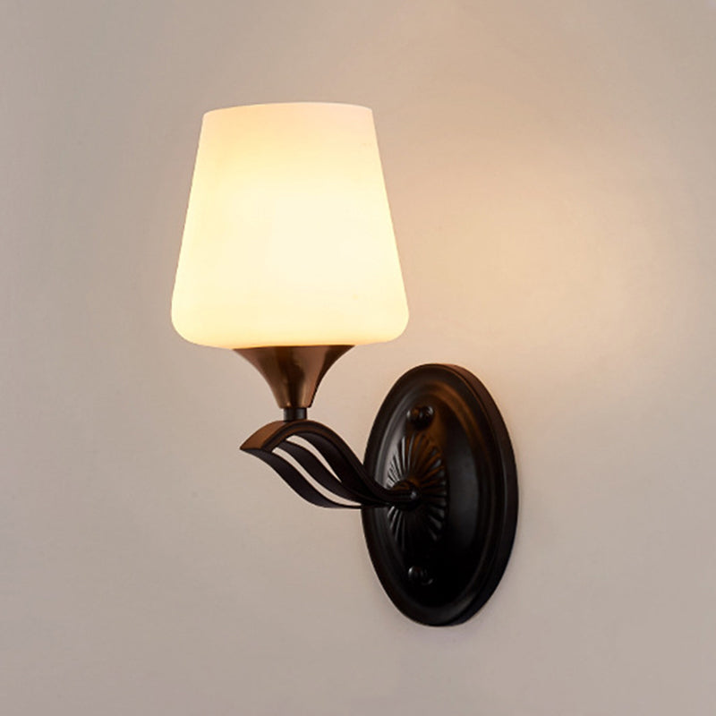 Skørter | Black 1-Light Wall-Mounted Lamp Traditional White Frosted Glass Cone-Shaped Wall Lamp Fixture
