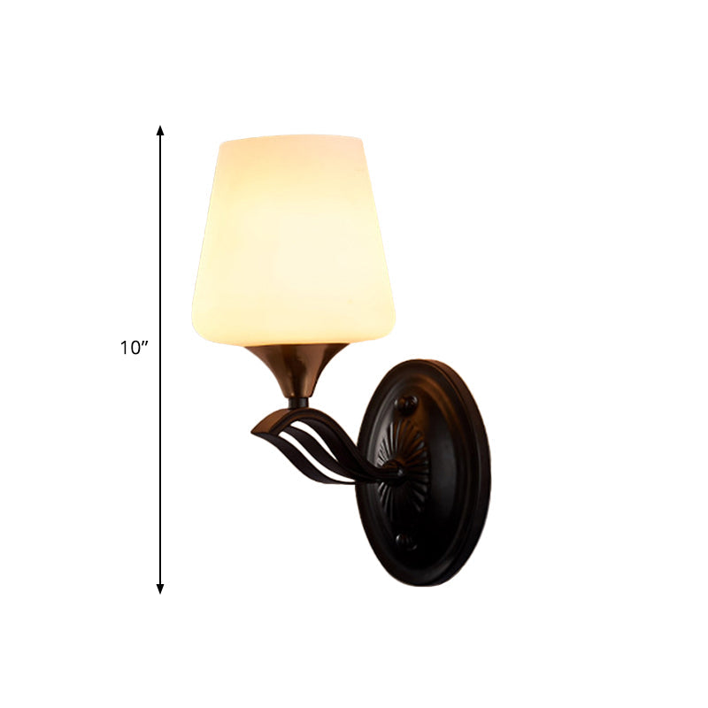 Skørter | Black 1-Light Wall-Mounted Lamp Traditional White Frosted Glass Cone-Shaped Wall Lamp Fixture