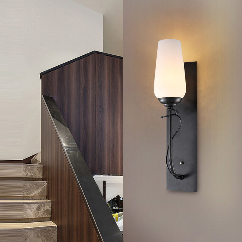 Skørter | Single light wall lamp rustic conical white glass wall lamp in black