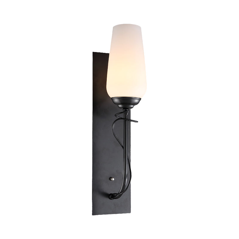 Skørter | Single light wall lamp rustic conical white glass wall lamp in black